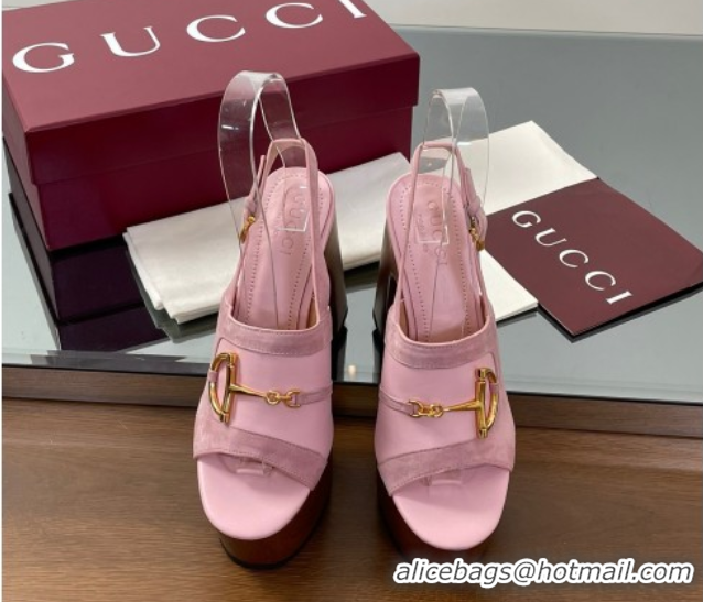 Perfect Gucci Platform Heel Sandals 13cm in Suede and Leather with Horsebit Pink 0609113