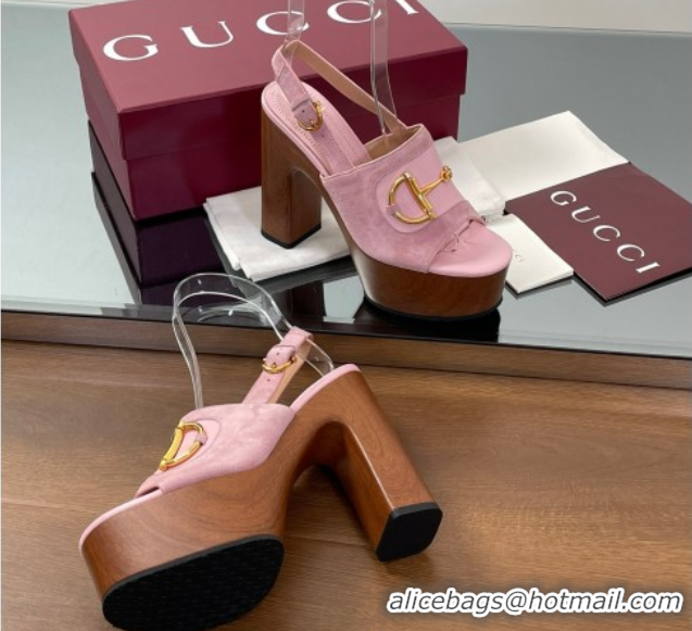 Perfect Gucci Platform Heel Sandals 13cm in Suede and Leather with Horsebit Pink 0609113