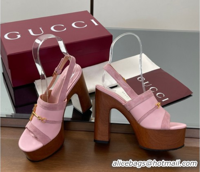 Perfect Gucci Platform Heel Sandals 13cm in Suede and Leather with Horsebit Pink 0609113