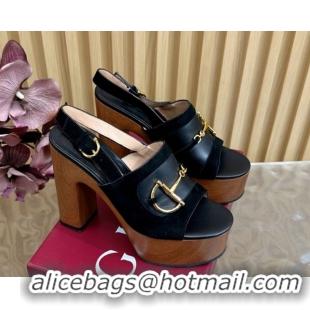 Duplicate Gucci Platform Heel Sandals 13cm in Suede and Leather with Horsebit Black 0609114