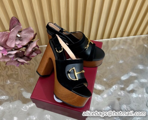 Duplicate Gucci Platform Heel Sandals 13cm in Suede and Leather with Horsebit Black 0609114