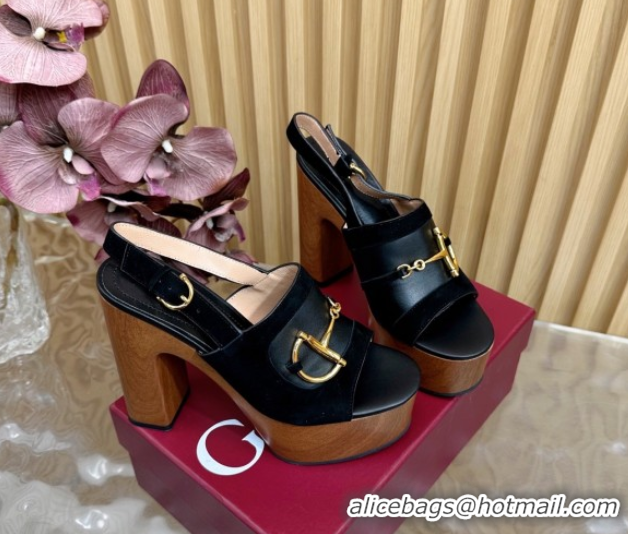 Duplicate Gucci Platform Heel Sandals 13cm in Suede and Leather with Horsebit Black 0609114