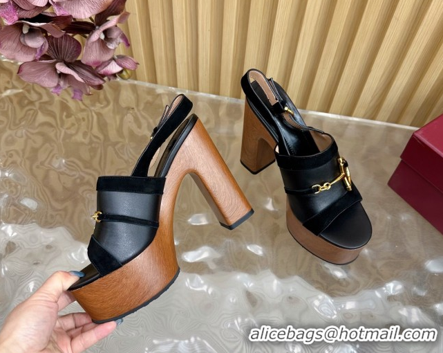 Duplicate Gucci Platform Heel Sandals 13cm in Suede and Leather with Horsebit Black 0609114