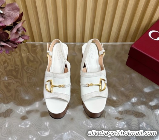 Buy Luxury Gucci Platform Heel Sandals 13cm in Suede and Leather with Horsebit White 0609115