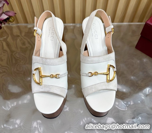 Buy Luxury Gucci Platform Heel Sandals 13cm in Suede and Leather with Horsebit White 0609115