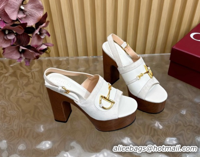 Buy Luxury Gucci Platform Heel Sandals 13cm in Suede and Leather with Horsebit White 0609115