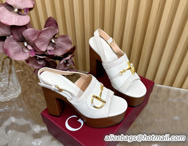 Buy Luxury Gucci Platform Heel Sandals 13cm in Suede and Leather with Horsebit White 0609115