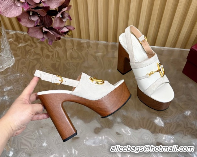 Buy Luxury Gucci Platform Heel Sandals 13cm in Suede and Leather with Horsebit White 0609115