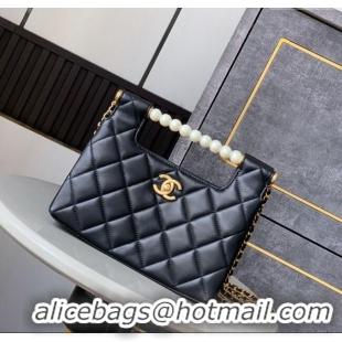 Good Quality Chanel Shiny Lambskin Small Shopping bag with Pearls AS5413 Black 2025