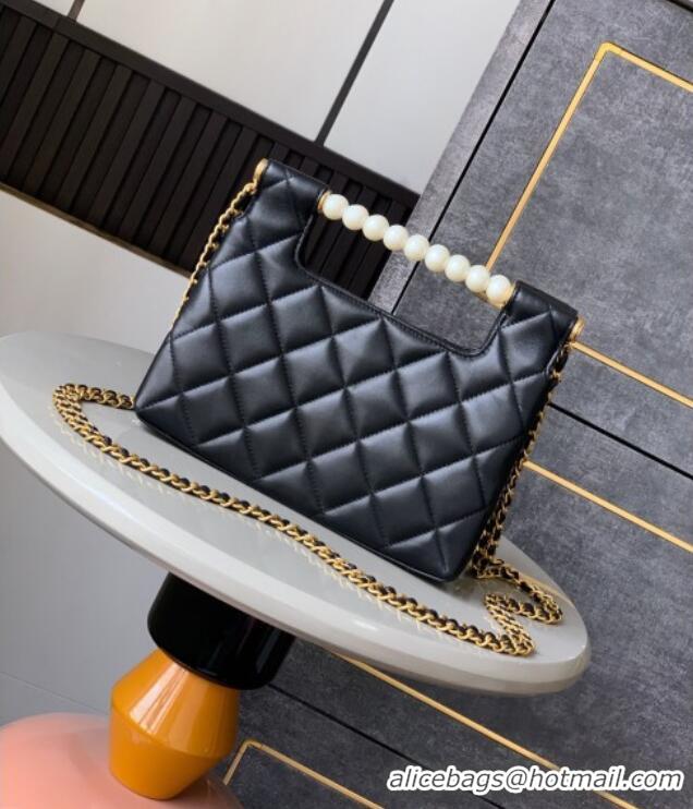 Good Quality Chanel Shiny Lambskin Small Shopping bag with Pearls AS5413 Black 2025