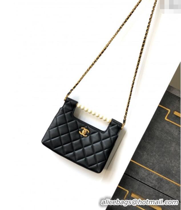 Good Quality Chanel Shiny Lambskin Small Shopping bag with Pearls AS5413 Black 2025