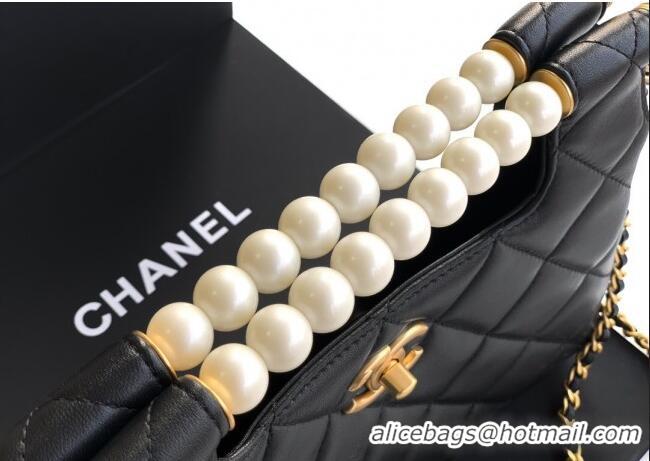 Good Quality Chanel Shiny Lambskin Small Shopping bag with Pearls AS5413 Black 2025