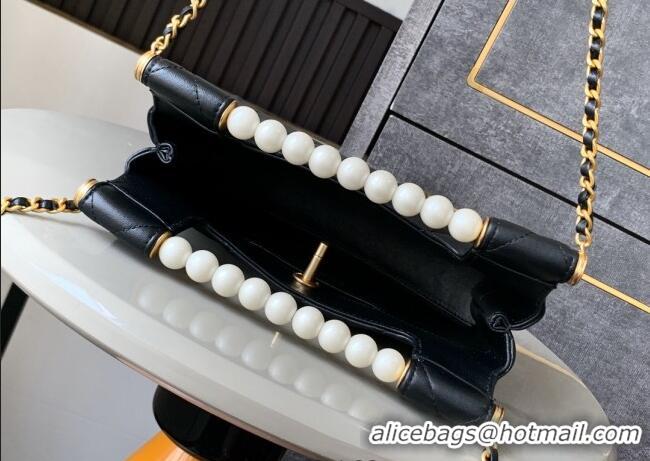 Good Quality Chanel Shiny Lambskin Small Shopping bag with Pearls AS5413 Black 2025