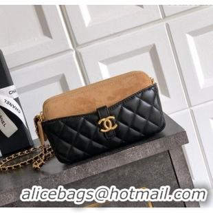 Promotional Chanel Suede & Shiny Lambskin Zipped Phone Holder with Chain AP4743 Black/Beige 2025