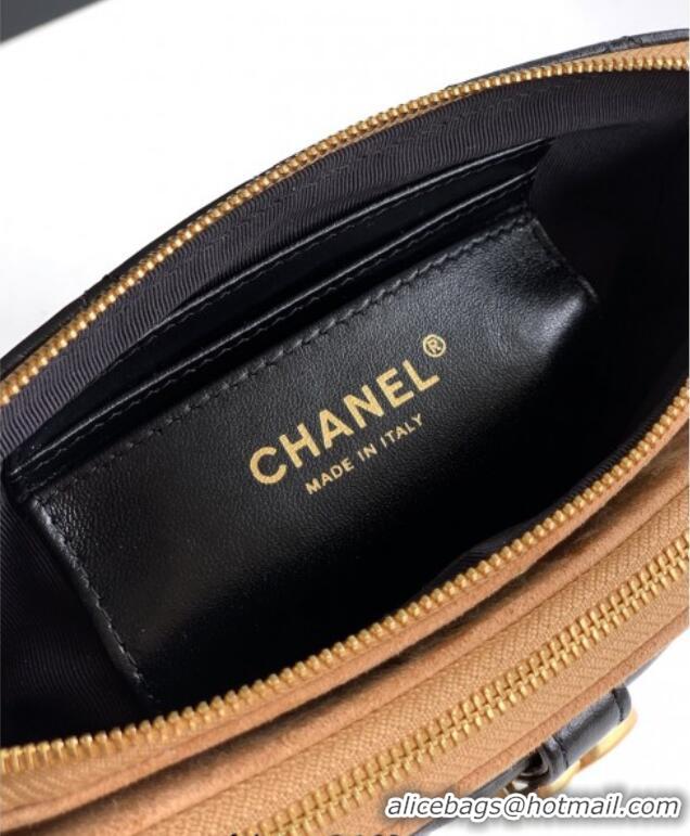 Promotional Chanel Suede & Shiny Lambskin Zipped Phone Holder with Chain AP4743 Black/Beige 2025