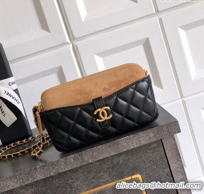 Promotional Chanel Suede & Shiny Lambskin Zipped Phone Holder with Chain AP4743 Black/Beige 2025