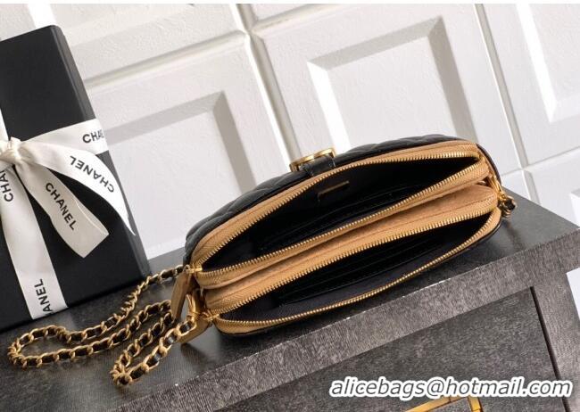 Promotional Chanel Suede & Shiny Lambskin Zipped Phone Holder with Chain AP4743 Black/Beige 2025