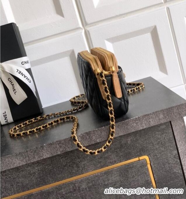 Promotional Chanel Suede & Shiny Lambskin Zipped Phone Holder with Chain AP4743 Black/Beige 2025