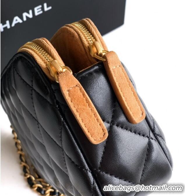 Promotional Chanel Suede & Shiny Lambskin Zipped Phone Holder with Chain AP4743 Black/Beige 2025