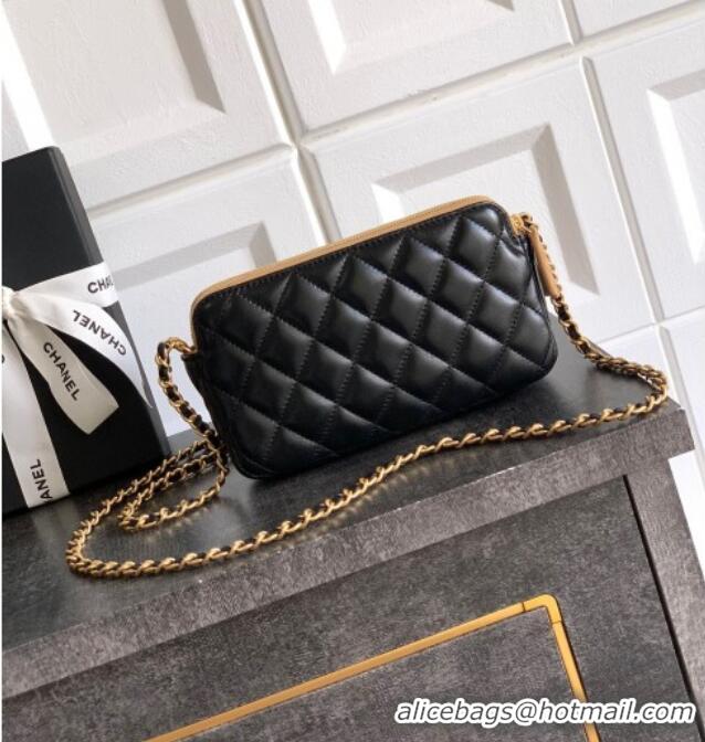 Promotional Chanel Suede & Shiny Lambskin Zipped Phone Holder with Chain AP4743 Black/Beige 2025