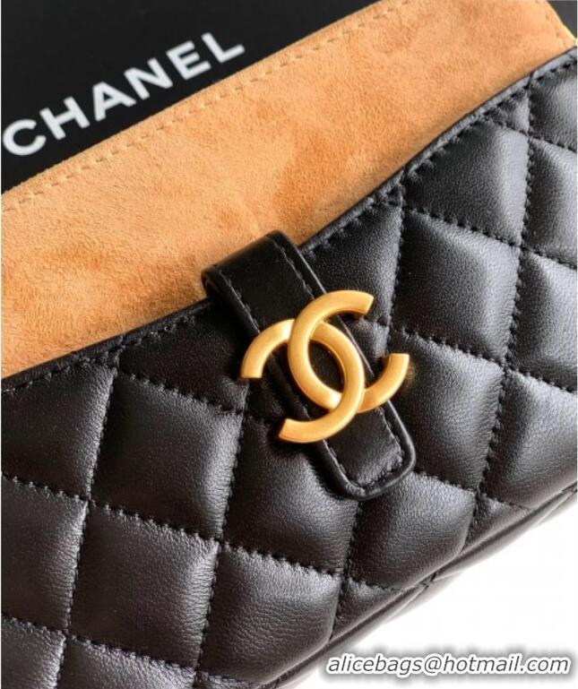 Promotional Chanel Suede & Shiny Lambskin Zipped Phone Holder with Chain AP4743 Black/Beige 2025