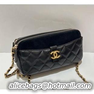 Buy Fashionable Chanel Suede & Shiny Lambskin Zipped Phone Holder with Chain AP4743 Black 2025