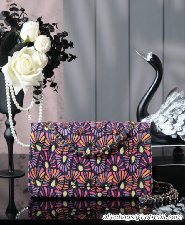 Well Crafted Chanel Mixed Fiber & Embroidery Classic Medium Flap Bag A01112 Navy Blue/Multicolored 2025