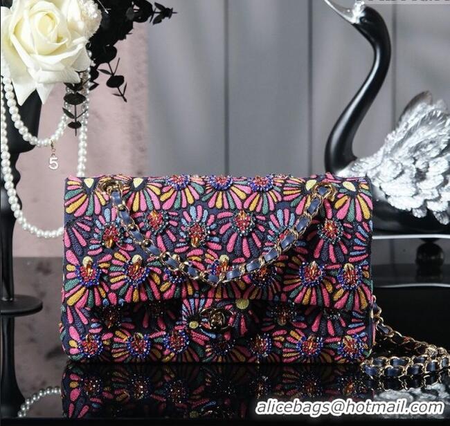 Well Crafted Chanel Mixed Fiber & Embroidery Classic Medium Flap Bag A01112 Navy Blue/Multicolored 2025
