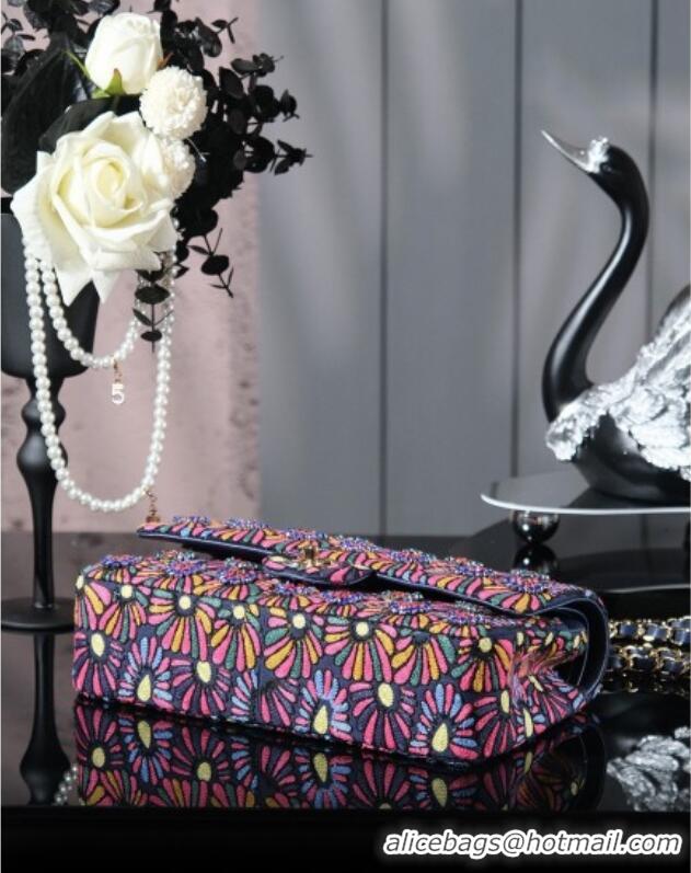 Well Crafted Chanel Mixed Fiber & Embroidery Classic Medium Flap Bag A01112 Navy Blue/Multicolored 2025