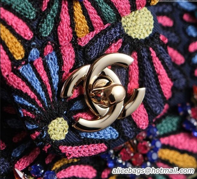 Well Crafted Chanel Mixed Fiber & Embroidery Classic Medium Flap Bag A01112 Navy Blue/Multicolored 2025