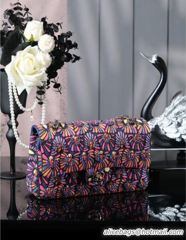 Well Crafted Chanel Mixed Fiber & Embroidery Classic Medium Flap Bag A01112 Navy Blue/Multicolored 2025