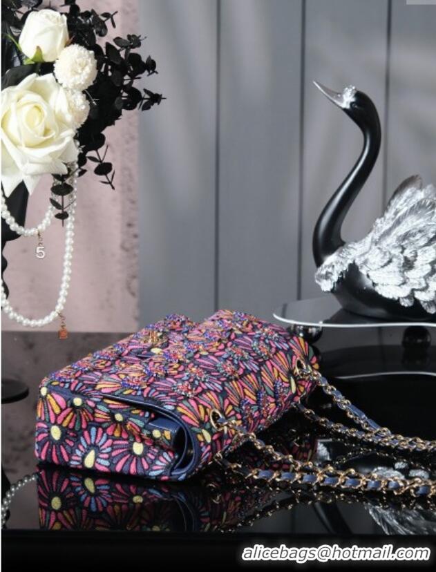 Well Crafted Chanel Mixed Fiber & Embroidery Classic Medium Flap Bag A01112 Navy Blue/Multicolored 2025