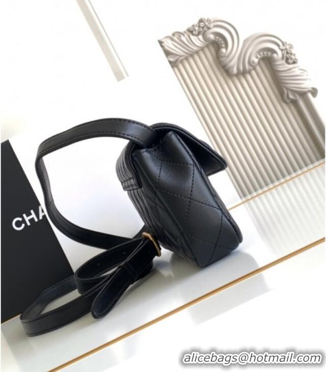 Grade Discount Chanel Calfskin Leather Phone Holder with Strap AP4677 Black 2025