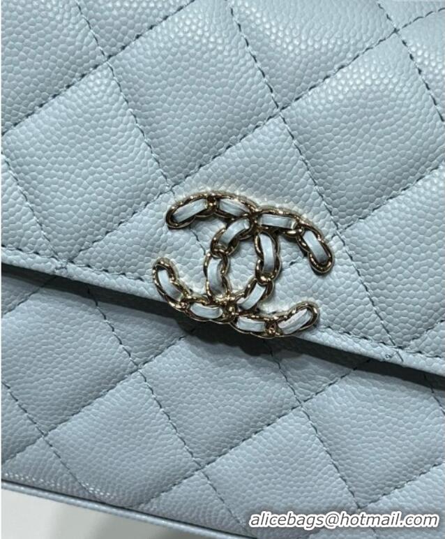 Pretty Style Chanel Grained Shiny Calfskin Clutch with Chain AP3237 Blue 2025