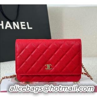 Famous Brand Chanel Grained Calfskin Classic Wallet on Chain WOC AP4241 Red/Gold 2025