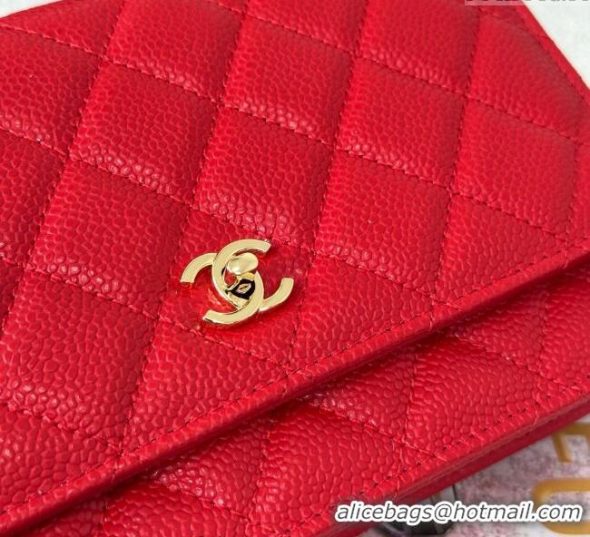 Famous Brand Chanel Grained Calfskin Classic Wallet on Chain WOC AP4241 Red/Gold 2025