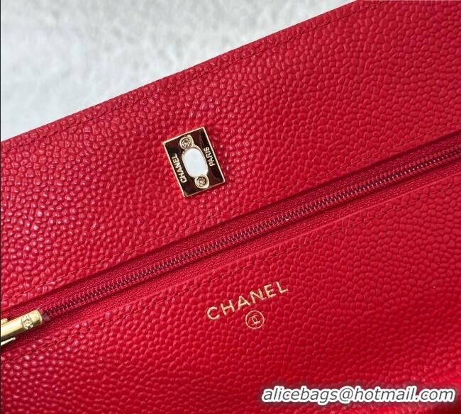Famous Brand Chanel Grained Calfskin Classic Wallet on Chain WOC AP4241 Red/Gold 2025