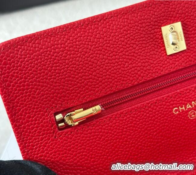 Famous Brand Chanel Grained Calfskin Classic Wallet on Chain WOC AP4241 Red/Gold 2025