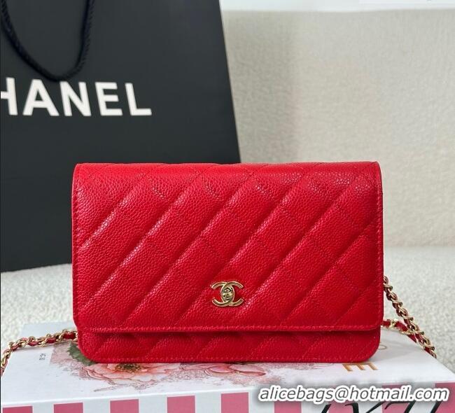 Famous Brand Chanel Grained Calfskin Classic Wallet on Chain WOC AP4241 Red/Gold 2025