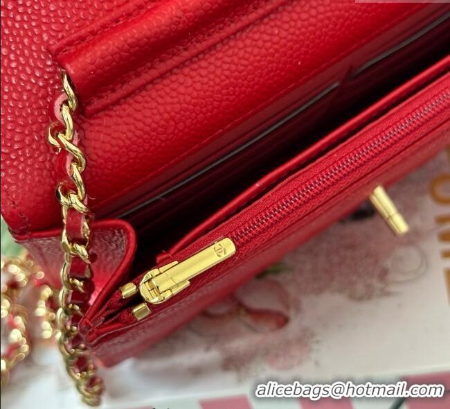 Famous Brand Chanel Grained Calfskin Classic Wallet on Chain WOC AP4241 Red/Gold 2025
