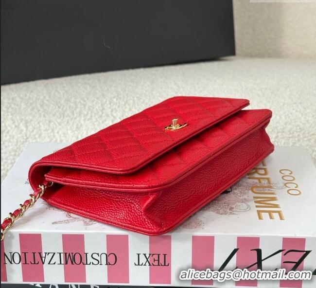 Famous Brand Chanel Grained Calfskin Classic Wallet on Chain WOC AP4241 Red/Gold 2025