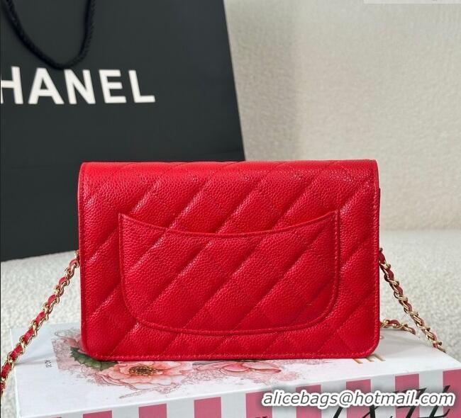 Famous Brand Chanel Grained Calfskin Classic Wallet on Chain WOC AP4241 Red/Gold 2025