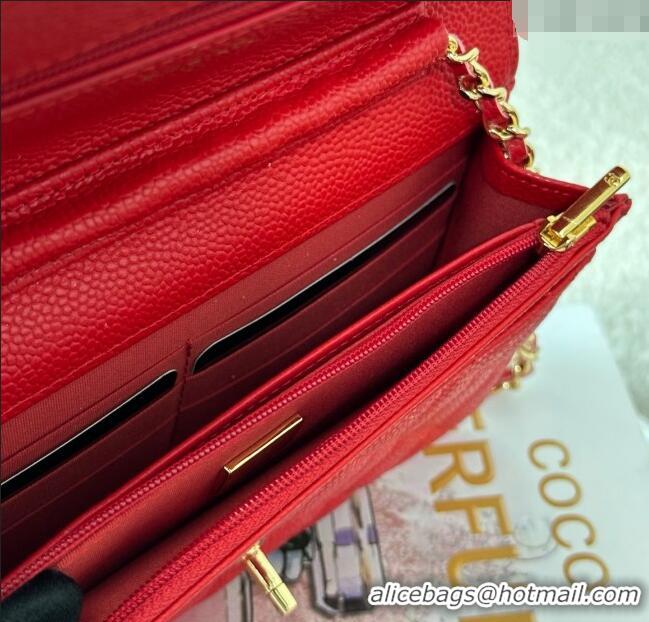 Famous Brand Chanel Grained Calfskin Classic Wallet on Chain WOC AP4241 Red/Gold 2025