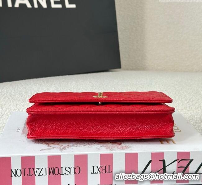 Famous Brand Chanel Grained Calfskin Classic Wallet on Chain WOC AP4241 Red/Gold 2025