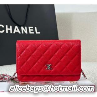 Good Taste Chanel Grained Calfskin Classic Wallet on Chain WOC AP4241 Red/Silver 2025