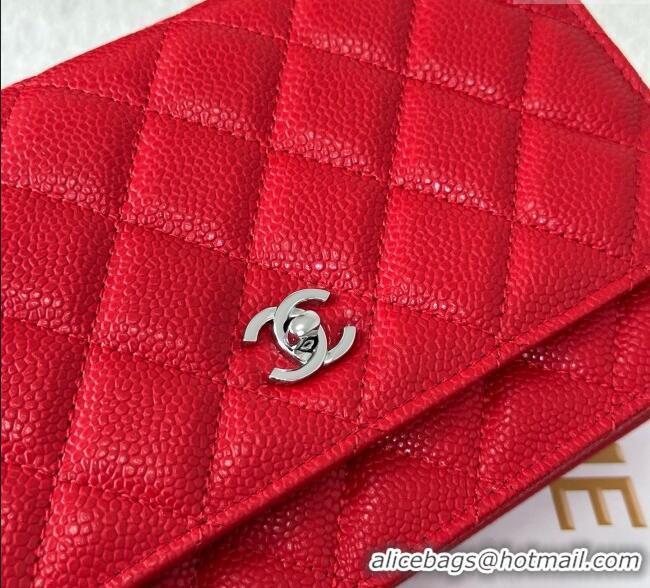 Good Taste Chanel Grained Calfskin Classic Wallet on Chain WOC AP4241 Red/Silver 2025