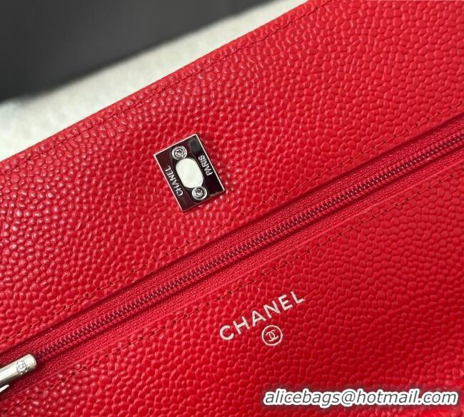Good Taste Chanel Grained Calfskin Classic Wallet on Chain WOC AP4241 Red/Silver 2025