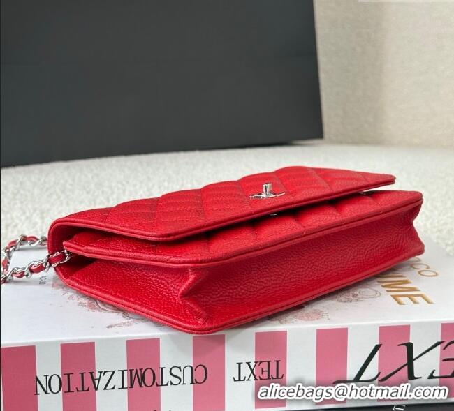 Good Taste Chanel Grained Calfskin Classic Wallet on Chain WOC AP4241 Red/Silver 2025
