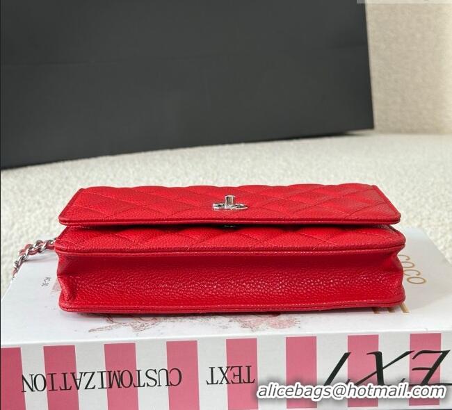Good Taste Chanel Grained Calfskin Classic Wallet on Chain WOC AP4241 Red/Silver 2025
