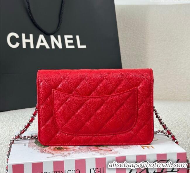 Good Taste Chanel Grained Calfskin Classic Wallet on Chain WOC AP4241 Red/Silver 2025